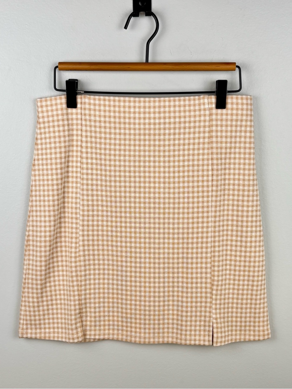 Elodie Skirt Womens Size L Beige Gingham Plaid A-Line Mini Side Slit